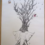 arbre - série éléphant - éléphant d'afrique dans racine avec ying et yang et papillonS